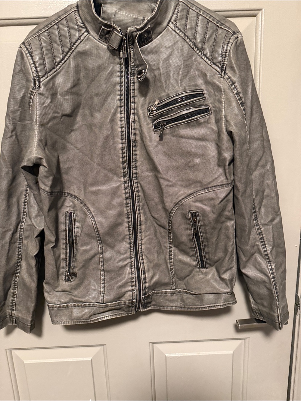 Source Unknown Gray Faux Leather Moto Jacket with Zip Pockets